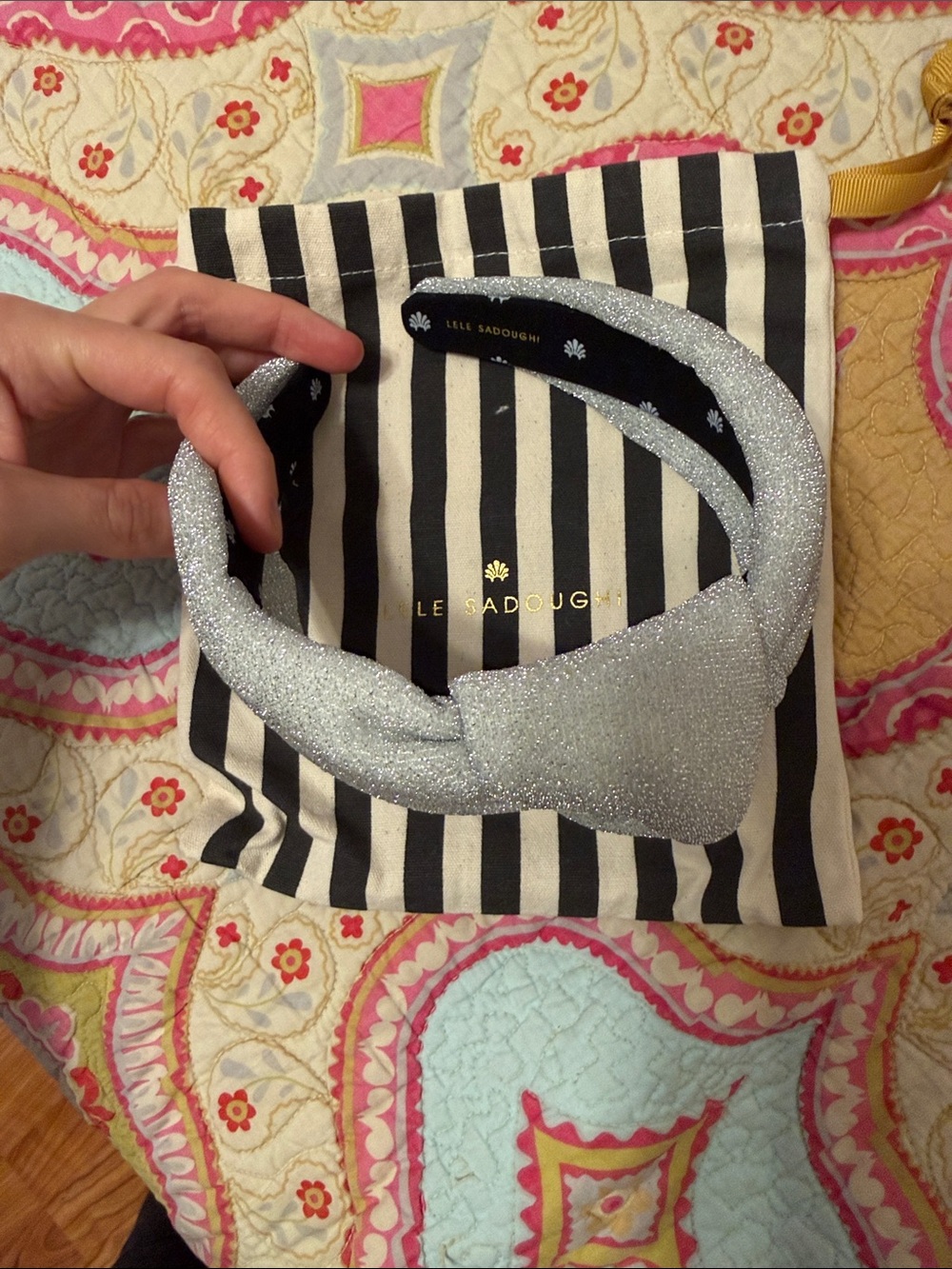 Lele Sadoughi Silver Glitter Knotted Headband with Pouch